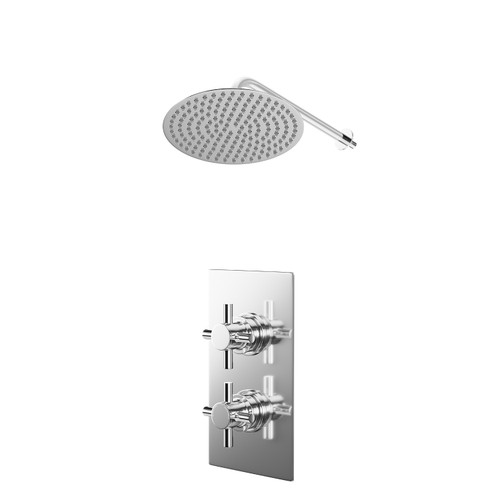 Cross Polished Chrome Concealed Twin Thermostatic Shower Valve and 300mm Thin Round Fixed Head with Wall Arm - 1 Outlet Right Hand View