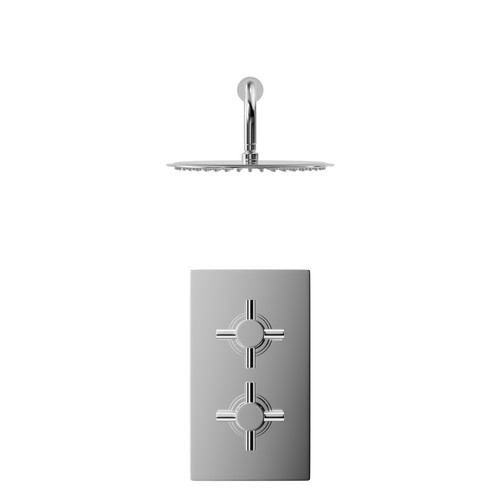 Cross Polished Chrome Concealed Twin Thermostatic Shower Valve and 300mm Thin Round Fixed Head with Wall Arm - 1 Outlet Front View