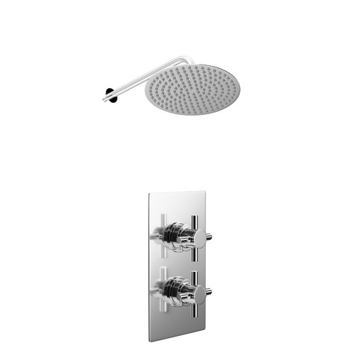 Cross Polished Chrome Concealed Twin Thermostatic Shower Valve and 300mm Thin Round Fixed Head with Wall Arm - 1 Outlet Left Hand View