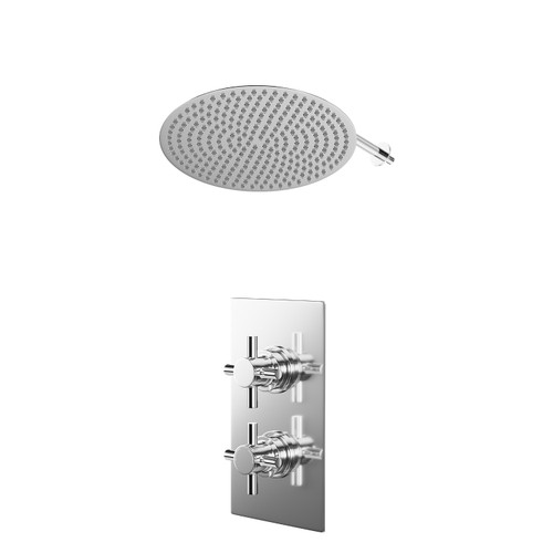 Cross Polished Chrome Concealed Twin Thermostatic Shower Valve and 400mm Thin Round Fixed Head with Wall Arm - 1 Outlet Right Hand View