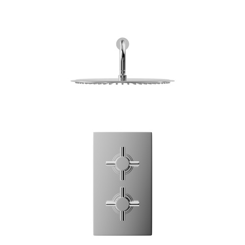 Cross Polished Chrome Concealed Twin Thermostatic Shower Valve and 400mm Thin Round Fixed Head with Wall Arm - 1 Outlet Front View