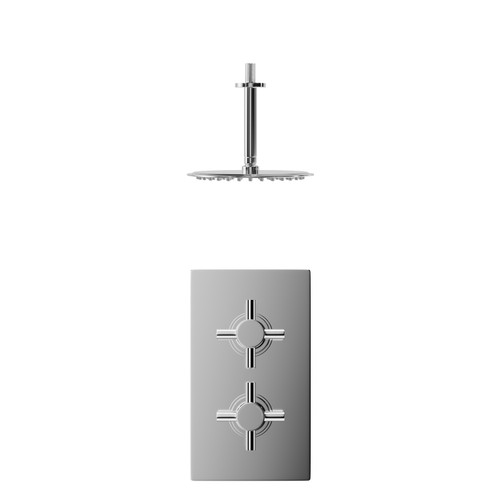 Cross Polished Chrome Concealed Twin Thermostatic Shower Valve and 200mm Thin Round Fixed Head with 150mm Ceiling Arm - 1 Outlet Front View
