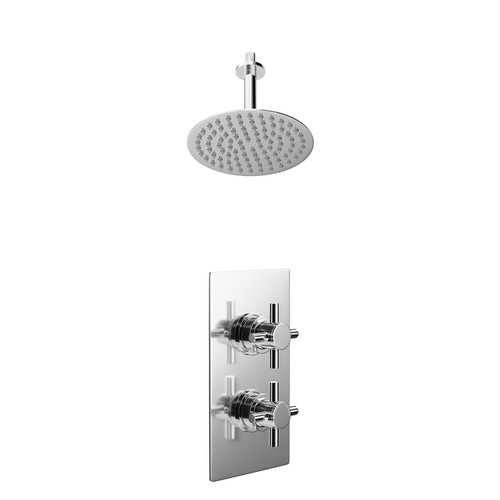 Cross Polished Chrome Concealed Twin Thermostatic Shower Valve and 200mm Thin Round Fixed Head with 150mm Ceiling Arm - 1 Outlet Left Hand View