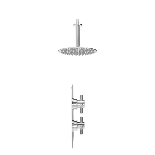 Cross Polished Chrome Concealed Twin Thermostatic Shower Valve and 200mm Thin Round Fixed Head with 150mm Ceiling Arm - 1 Outlet Side View
