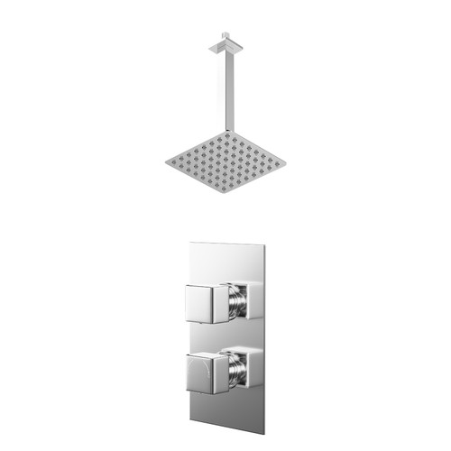 Cubix Polished Chrome Concealed Twin Thermostatic Shower Valve and 200mm Thin Square Fixed Head with 300mm Ceiling Arm - 1 Outlet Right Hand View