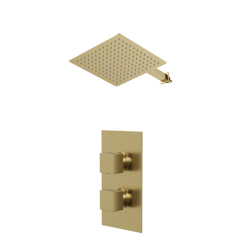 Colore Square Brushed Brass Concealed Twin Thermostatic Shower Valve and 300mm Thin Square Fixed Head with Wall Arm - 1 Outlet Right Hand View