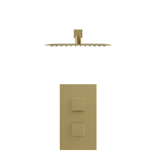 Colore Square Brushed Brass Concealed Twin Thermostatic Shower Valve and 300mm Thin Square Fixed Head with Wall Arm - 1 Outlet Front View