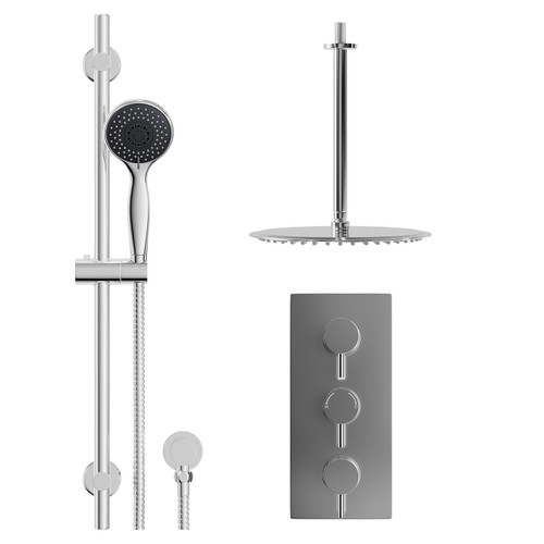 Circo Polished Chrome Concealed Triple Thermostatic Shower Valve and 300mm Thin Round Fixed Head with 300mm Ceiling Arm and Clyde Slide Rail Kit with Round Elbow - 2 Outlet Front View