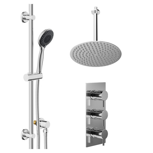 Circo Polished Chrome Concealed Triple Thermostatic Shower Valve and 300mm Thin Round Fixed Head with 300mm Ceiling Arm and Clyde Slide Rail Kit with Round Elbow - 2 Outlet Left Hand View