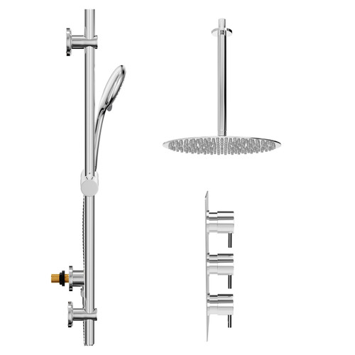 Circo Polished Chrome Concealed Triple Thermostatic Shower Valve and 300mm Thin Round Fixed Head with 300mm Ceiling Arm and Clyde Slide Rail Kit with Round Elbow - 2 Outlet Side View