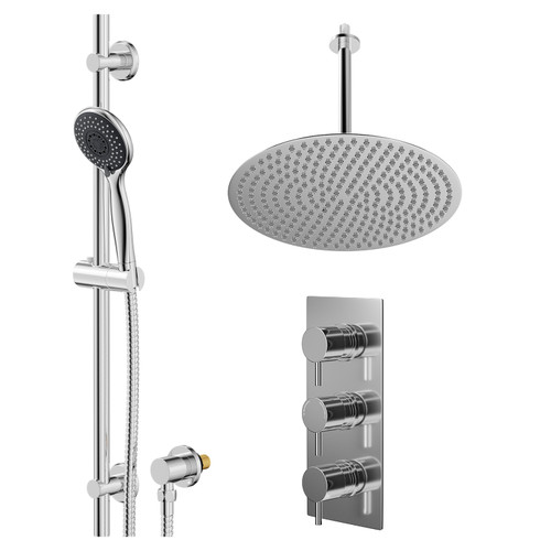 Circo Polished Chrome Concealed Triple Thermostatic Shower Valve and 400mm Thin Round Fixed Head with 300mm Ceiling Arm and Clyde Slide Rail Kit with Round Elbow - 2 Outlet Right Hand View