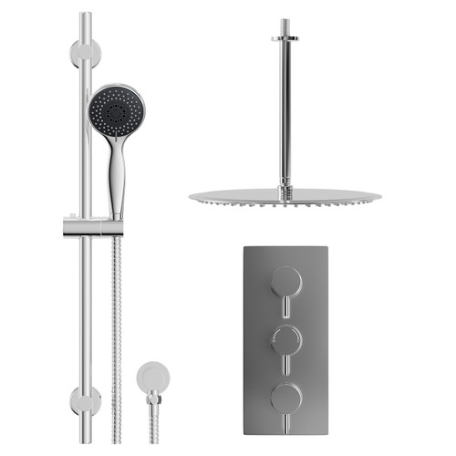 Circo Polished Chrome Concealed Triple Thermostatic Shower Valve and 400mm Thin Round Fixed Head with 300mm Ceiling Arm and Clyde Slide Rail Kit with Round Elbow - 2 Outlet Front View