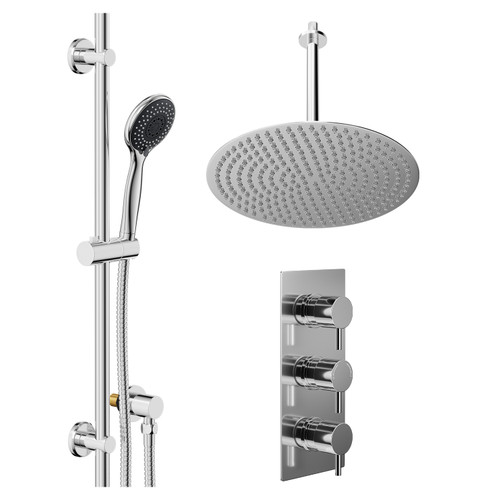 Circo Polished Chrome Concealed Triple Thermostatic Shower Valve and 400mm Thin Round Fixed Head with 300mm Ceiling Arm and Clyde Slide Rail Kit with Round Elbow - 2 Outlet Left Hand View
