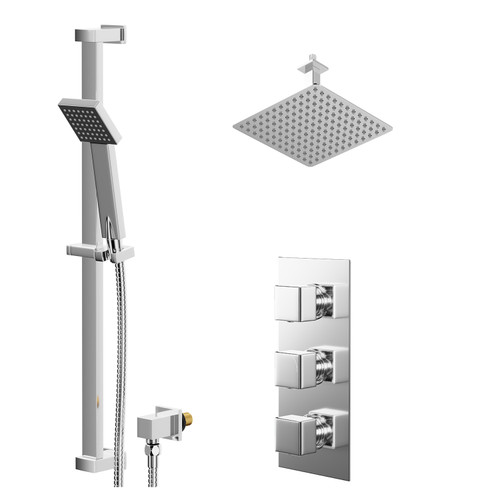 Cubix Polished Chrome Concealed Triple Thermostatic Shower Valve and 300mm Thin Square Fixed Head with 150mm Ceiling Arm and Thames Slide Rail Kit with Square Elbow - 2 Outlet Right Hand View
