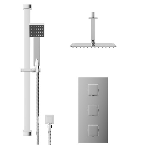 Cubix Polished Chrome Concealed Triple Thermostatic Shower Valve and 300mm Thin Square Fixed Head with 150mm Ceiling Arm and Thames Slide Rail Kit with Square Elbow - 2 Outlet Front View