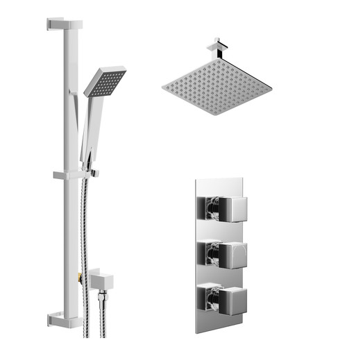 Cubix Polished Chrome Concealed Triple Thermostatic Shower Valve and 300mm Thin Square Fixed Head with 150mm Ceiling Arm and Thames Slide Rail Kit with Square Elbow - 2 Outlet Left Hand View