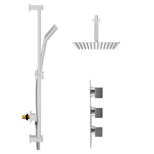 Cubix Polished Chrome Concealed Triple Thermostatic Shower Valve and 300mm Thin Square Fixed Head with 150mm Ceiling Arm and Thames Slide Rail Kit with Square Elbow - 2 Outlet Side View