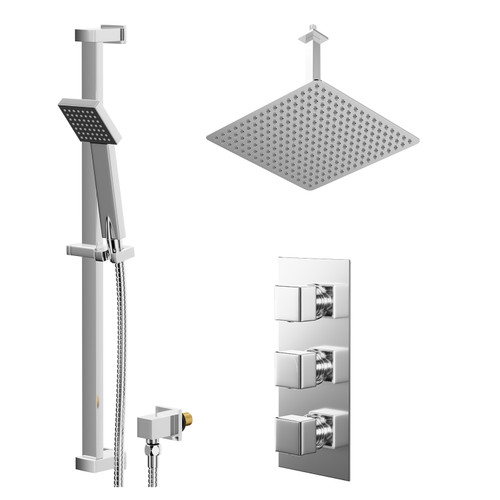 Cubix Polished Chrome Concealed Triple Thermostatic Shower Valve and 400mm Thin Square Fixed Head with 300mm Ceiling Arm and Thames Slide Rail Kit with Square Elbow - 2 Outlet Right Hand View
