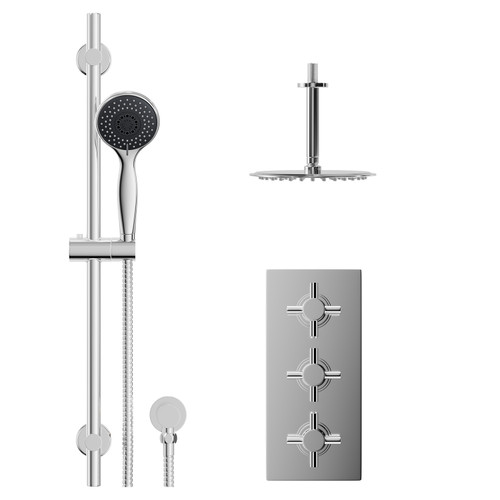 Cross Polished Chrome Concealed Triple Thermostatic Shower Valve and 200mm Thin Round Fixed Head with 150mm Ceiling Arm and Clyde Slide Rail Kit with Round Elbow - 2 Outlet Front View