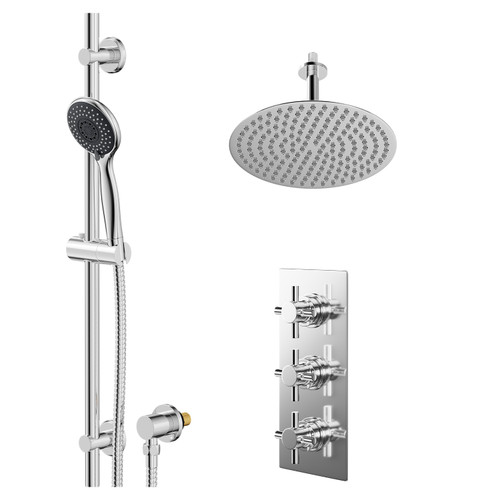 Cross Polished Chrome Concealed Triple Thermostatic Shower Valve and 300mm Thin Round Fixed Head with 150mm Ceiling Arm and Clyde Slide Rail Kit with Round Elbow - 2 Outlet Right Hand View