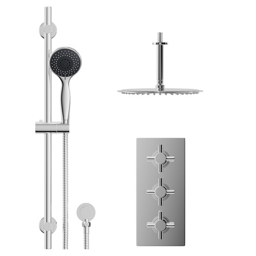 Cross Polished Chrome Concealed Triple Thermostatic Shower Valve and 300mm Thin Round Fixed Head with 150mm Ceiling Arm and Clyde Slide Rail Kit with Round Elbow - 2 Outlet Front View