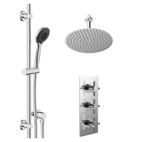 Cross Polished Chrome Concealed Triple Thermostatic Shower Valve and 300mm Thin Round Fixed Head with 150mm Ceiling Arm and Clyde Slide Rail Kit with Round Elbow - 2 Outlet Left Hand View