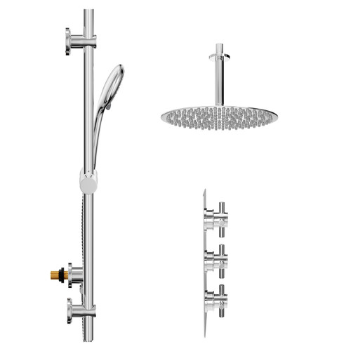 Cross Polished Chrome Concealed Triple Thermostatic Shower Valve and 300mm Thin Round Fixed Head with 150mm Ceiling Arm and Clyde Slide Rail Kit with Round Elbow - 2 Outlet Side View