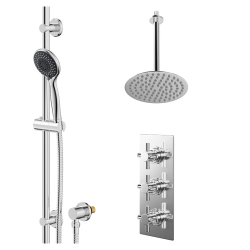 Cross Polished Chrome Concealed Triple Thermostatic Shower Valve and 200mm Thin Round Fixed Head with 300mm Ceiling Arm and Clyde Slide Rail Kit with Round Elbow - 2 Outlet Right Hand View