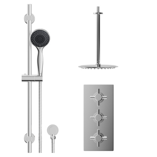 Cross Polished Chrome Concealed Triple Thermostatic Shower Valve and 200mm Thin Round Fixed Head with 300mm Ceiling Arm and Clyde Slide Rail Kit with Round Elbow - 2 Outlet Front View