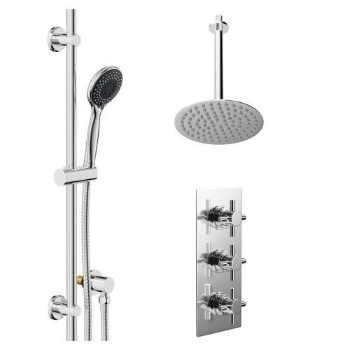Cross Polished Chrome Concealed Triple Thermostatic Shower Valve and 200mm Thin Round Fixed Head with 300mm Ceiling Arm and Clyde Slide Rail Kit with Round Elbow - 2 Outlet Left Hand View