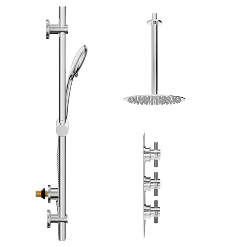 Cross Polished Chrome Concealed Triple Thermostatic Shower Valve and 200mm Thin Round Fixed Head with 300mm Ceiling Arm and Clyde Slide Rail Kit with Round Elbow - 2 Outlet Side View