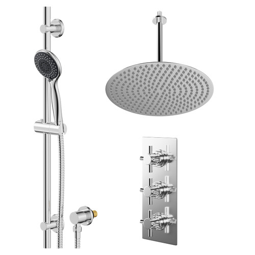 Cross Polished Chrome Concealed Triple Thermostatic Shower Valve and 400mm Thin Round Fixed Head with 300mm Ceiling Arm and Clyde Slide Rail Kit with Round Elbow - 2 Outlet Right Hand View