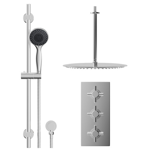 Cross Polished Chrome Concealed Triple Thermostatic Shower Valve and 400mm Thin Round Fixed Head with 300mm Ceiling Arm and Clyde Slide Rail Kit with Round Elbow - 2 Outlet Front View