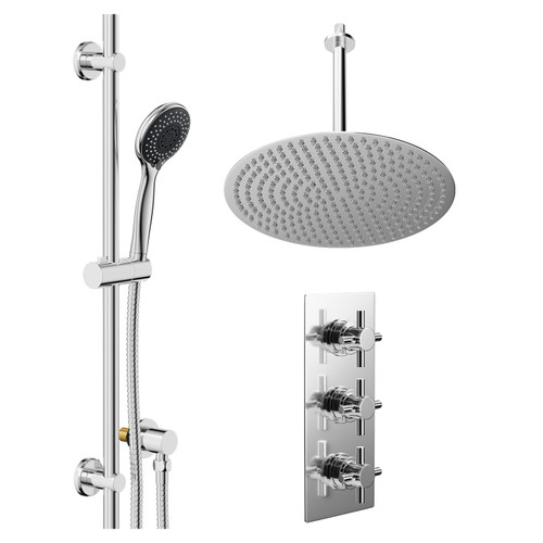 Cross Polished Chrome Concealed Triple Thermostatic Shower Valve and 400mm Thin Round Fixed Head with 300mm Ceiling Arm and Clyde Slide Rail Kit with Round Elbow - 2 Outlet Left Hand View