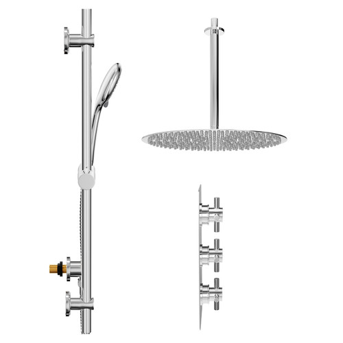 Cross Polished Chrome Concealed Triple Thermostatic Shower Valve and 400mm Thin Round Fixed Head with 300mm Ceiling Arm and Clyde Slide Rail Kit with Round Elbow - 2 Outlet Side View