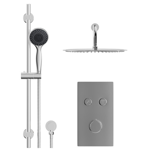 Circo Polished Chrome Concealed Push Button Twin Shower Valve and 400mm Thin Round Fixed Head with Wall Arm and Clyde Slide Rail Kit with Round Elbow - 2 Outlet Front View