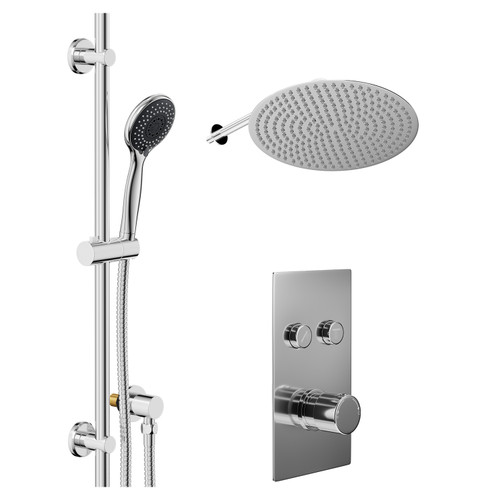Circo Polished Chrome Concealed Push Button Twin Shower Valve and 400mm Thin Round Fixed Head with Wall Arm and Clyde Slide Rail Kit with Round Elbow - 2 Outlet Left Hand View