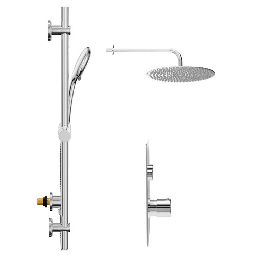 Circo Polished Chrome Concealed Push Button Twin Shower Valve and 400mm Thin Round Fixed Head with Wall Arm and Clyde Slide Rail Kit with Round Elbow - 2 Outlet Side View