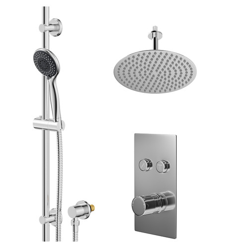 Circo Polished Chrome Concealed Push Button Twin Shower Valve and 300mm Thin Round Fixed Head with 150mm Ceiling Arm and Clyde Slide Rail Kit with Round Elbow - 2 Outlet Right Hand View