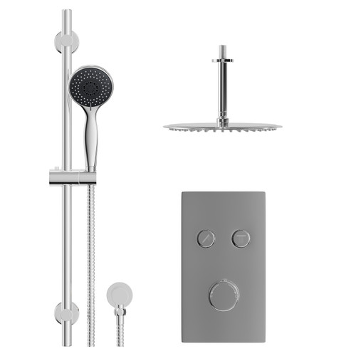 Circo Polished Chrome Concealed Push Button Twin Shower Valve and 300mm Thin Round Fixed Head with 150mm Ceiling Arm and Clyde Slide Rail Kit with Round Elbow - 2 Outlet Front View