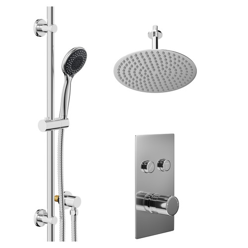 Circo Polished Chrome Concealed Push Button Twin Shower Valve and 300mm Thin Round Fixed Head with 150mm Ceiling Arm and Clyde Slide Rail Kit with Round Elbow - 2 Outlet Left Hand View