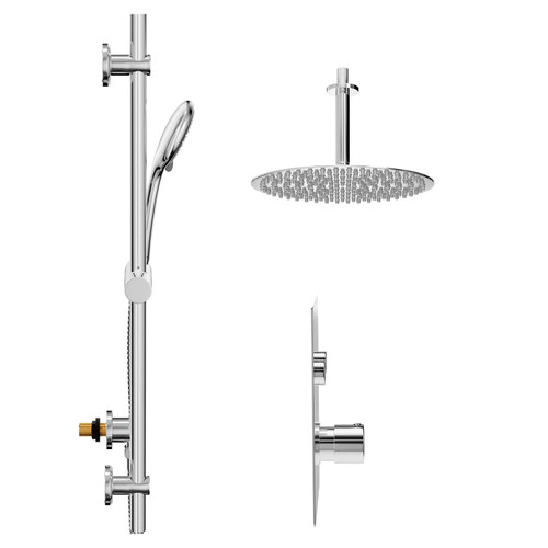 Circo Polished Chrome Concealed Push Button Twin Shower Valve and 300mm Thin Round Fixed Head with 150mm Ceiling Arm and Clyde Slide Rail Kit with Round Elbow - 2 Outlet Side View