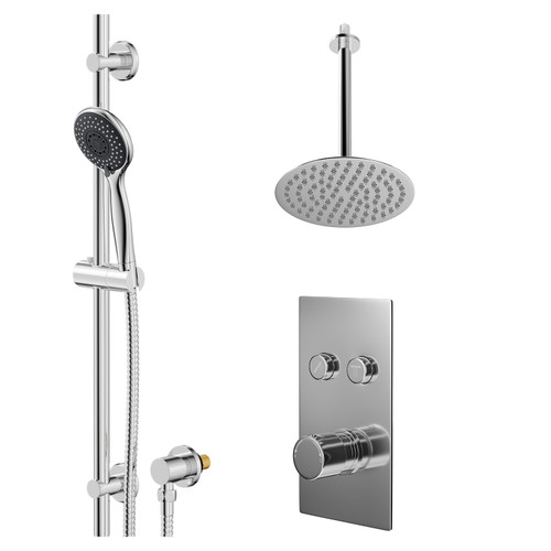 Circo Polished Chrome Concealed Push Button Twin Shower Valve and 200mm Thin Round Fixed Head with 300mm Ceiling Arm and Clyde Slide Rail Kit with Round Elbow - 2 Outlet Right Hand View