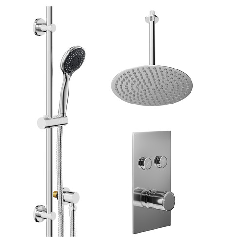 Circo Polished Chrome Concealed Push Button Twin Shower Valve and 300mm Thin Round Fixed Head with 300mm Ceiling Arm and Clyde Slide Rail Kit with Round Elbow - 2 Outlet Left Hand View