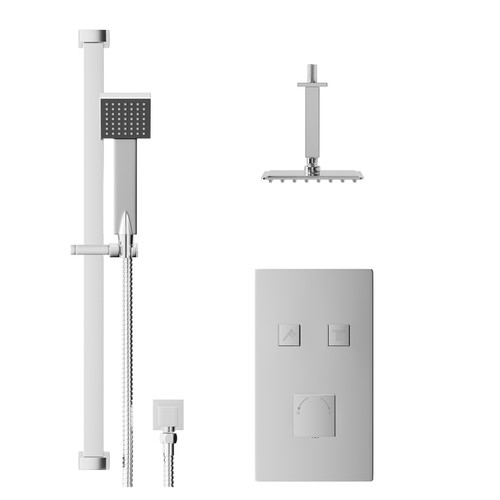 Cubix Polished Chrome Concealed Push Button Twin Shower Valve and 200mm Thin Square Fixed Head with 150mm Ceiling Arm and Thames Slide Rail Kit with Square Elbow - 2 Outlet Front View