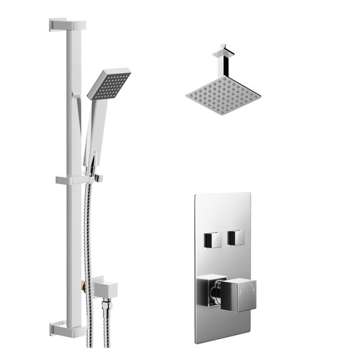 Cubix Polished Chrome Concealed Push Button Twin Shower Valve and 200mm Thin Square Fixed Head with 150mm Ceiling Arm and Thames Slide Rail Kit with Square Elbow - 2 Outlet Left Hand View