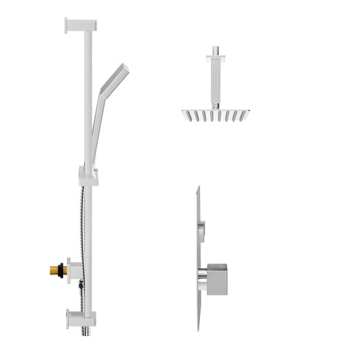 Cubix Polished Chrome Concealed Push Button Twin Shower Valve and 200mm Thin Square Fixed Head with 150mm Ceiling Arm and Thames Slide Rail Kit with Square Elbow - 2 Outlet Side View