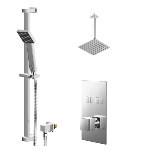 Cubix Polished Chrome Concealed Push Button Twin Shower Valve and 200mm Thin Square Fixed Head with 300mm Ceiling Arm and Thames Slide Rail Kit with Square Elbow - 2 Outlet Right Hand View