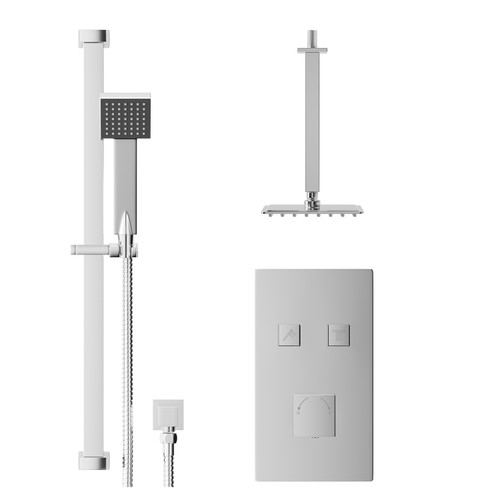 Cubix Polished Chrome Concealed Push Button Twin Shower Valve and 200mm Thin Square Fixed Head with 300mm Ceiling Arm and Thames Slide Rail Kit with Square Elbow - 2 Outlet Front View