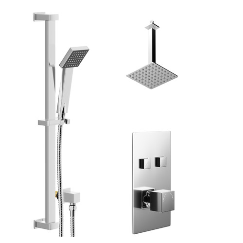 Cubix Polished Chrome Concealed Push Button Twin Shower Valve and 200mm Thin Square Fixed Head with 300mm Ceiling Arm and Thames Slide Rail Kit with Square Elbow - 2 Outlet Left Hand View